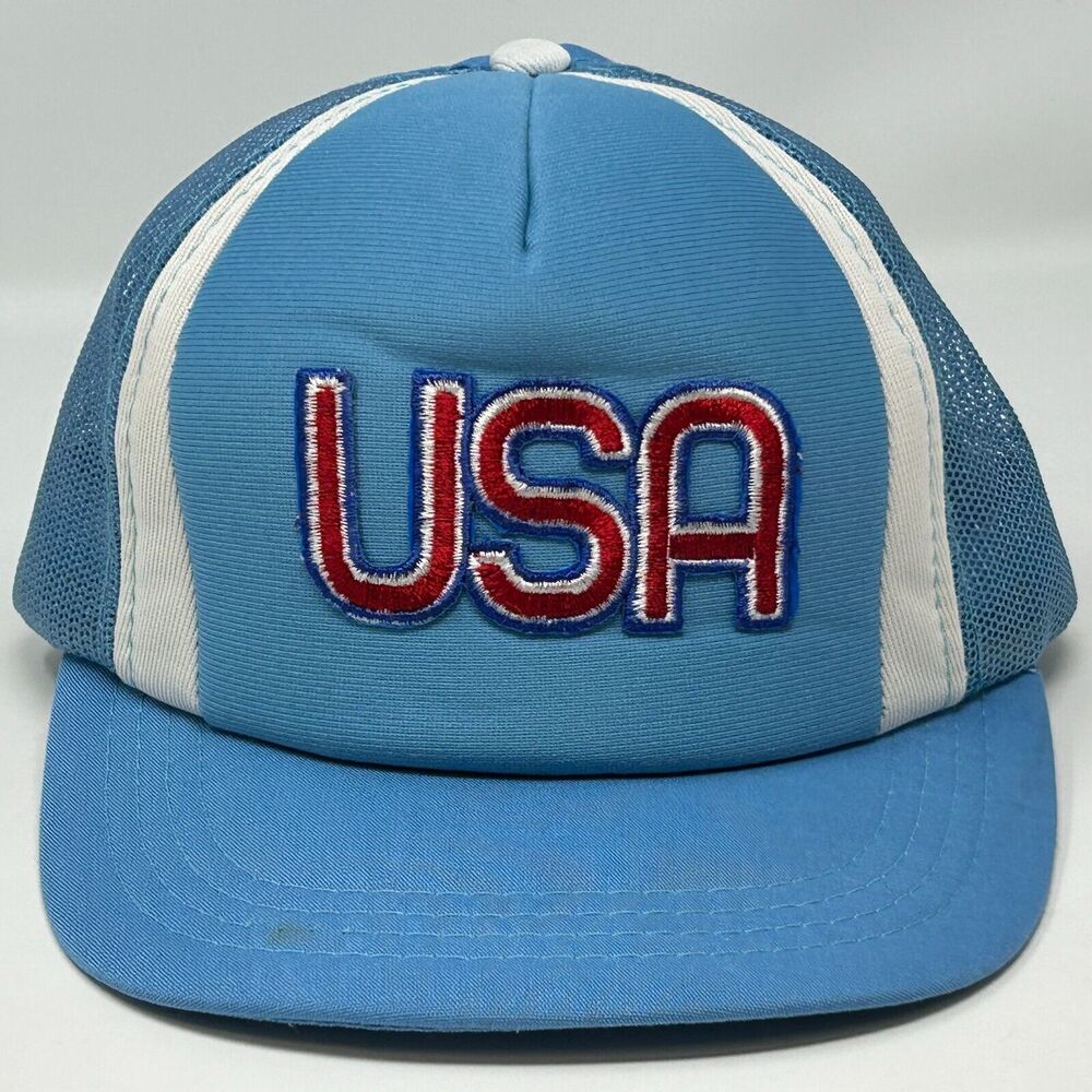 Vintage 80s USA Patriotic Trucker Hat Baseball Cap Blue Olympics Mesh Snapback